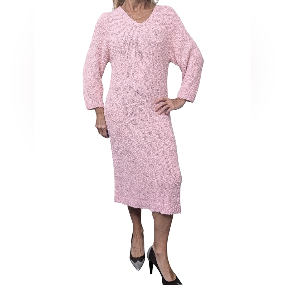 Vintage 80s Partners by Mervyns Pink Knit Sweater Dress Textured Midi Small